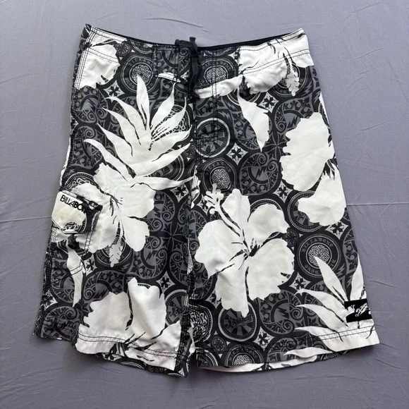 Billabong Mens Board Shorts Size 32 Black White Hibiscus Floral Tribal Y2K Vtg