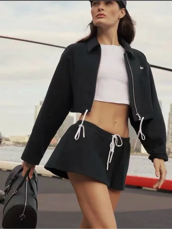 ALO Yoga Black Cropped Jacket and Skirt Set with White Drawstrings