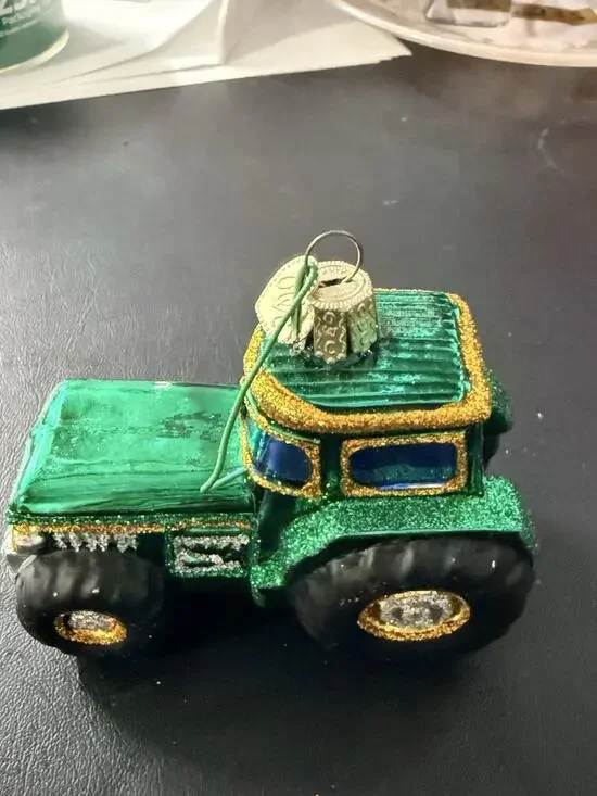 Old World Christmas Green/Yellow Farm Tractor Hand Blown Glass Ornament
