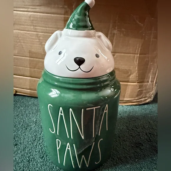 Rae Dunn Green and White Santa Paws Jar - New‎ in Box