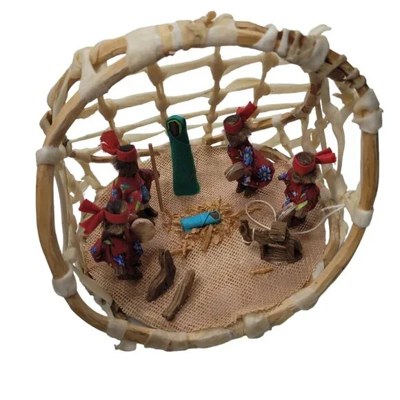 Mexican Nativity Handmade Fabric Wood Rawhide Sinew Donkey‎ Vintage