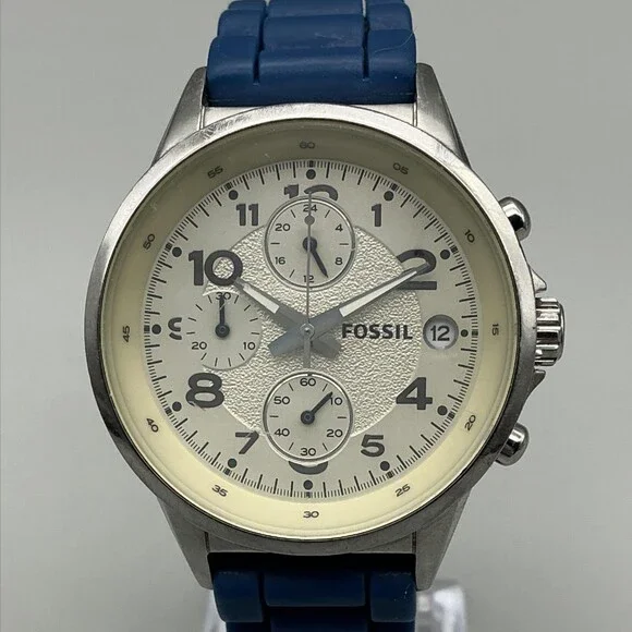 Fossil Maddox CH-2474 Mens Watch 38mm Blue Silicone Chronograph Stainless