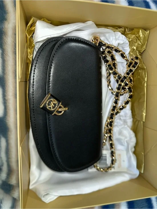 Michael Kors Black Leather Crossbody with Gold Chain