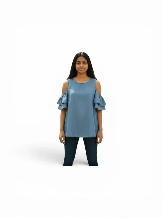 Michael Kors Denim Blue Cold-Shoulder Ruffle Top