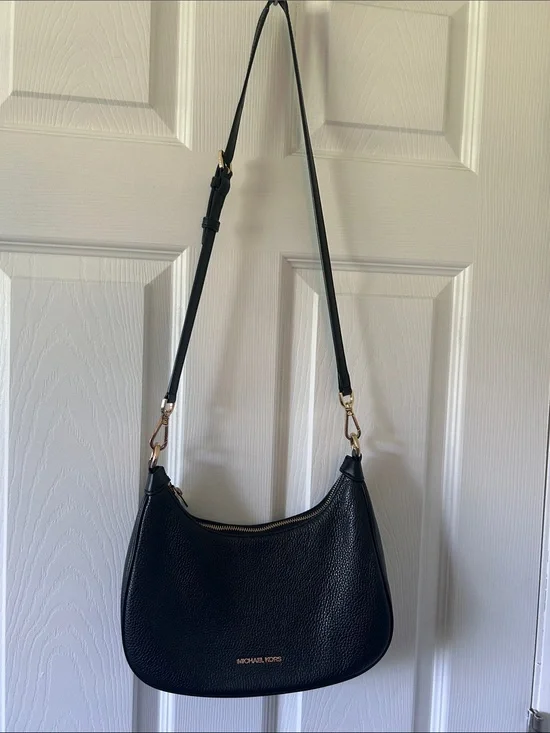 Michael Kors Black Pebbled Leather Crescent Shoulder Bag with Gold Hardware