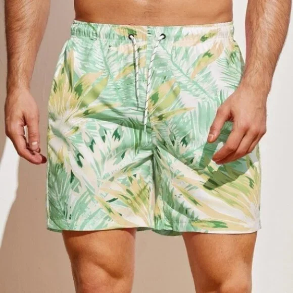 Green Vacation Style Men Tropical Print Swim Trunks