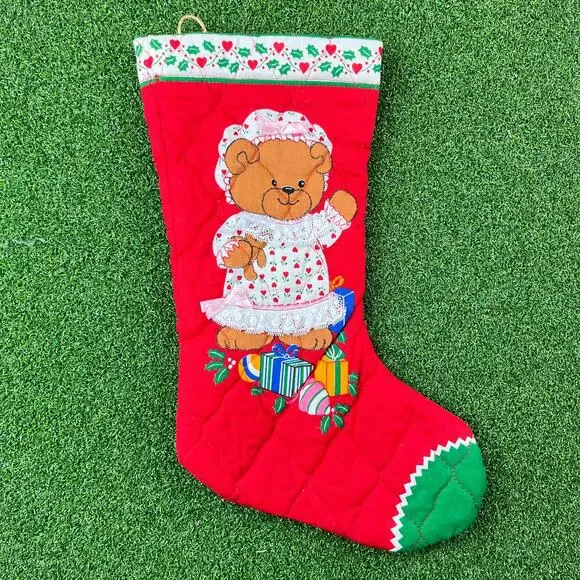Vintage 1980s Lucy Rigg Handmade Quilted Teddy Bear Christmas Stockings