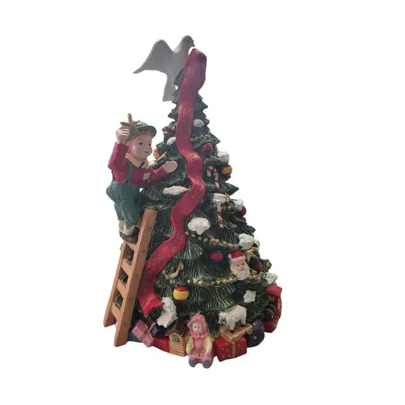 Musical Christmas Tree Figurine Boy on Ladder Joy to the World Green ReExcellent