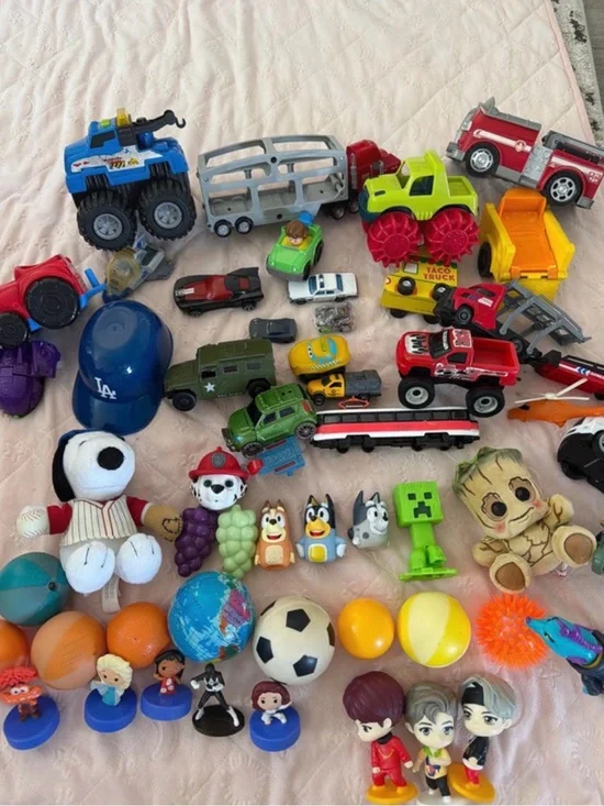 Kids cars, trucks, balls, action figures toy bundle
