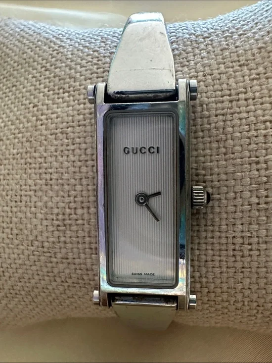 Gucci Silver and White Rectangular Bracelet Watch