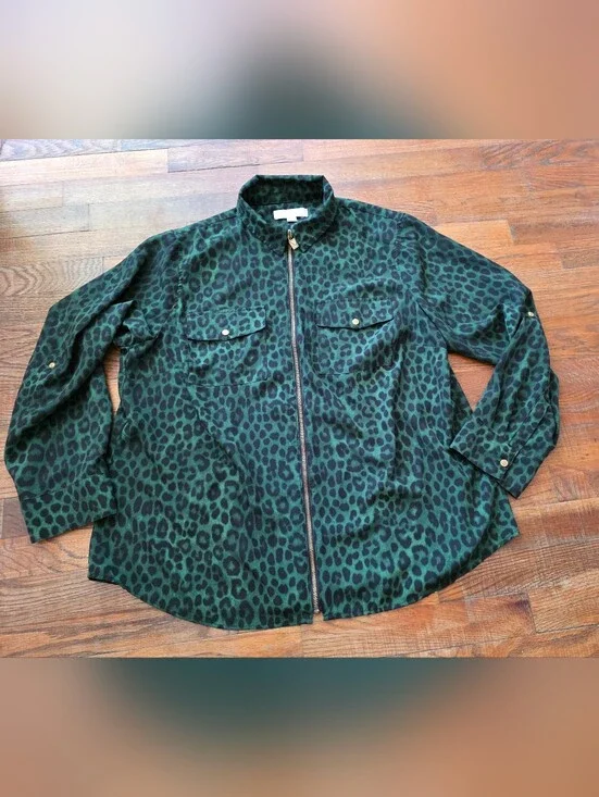 Michael Kors Green and Black Leopard Zip-Front Blouse