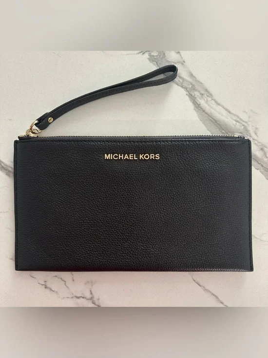 Michael Kors Black Pebbled Leather Wristlet with Gold Logo