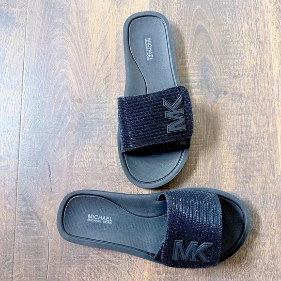 NEW Michael Kors MK Slide | Glitter Chain Mesh | Black | Size 8