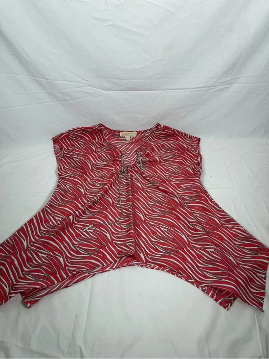 Michael Kors Geranium Red Zebra Print Chain Handkerchief Hem Blouse Top EUC