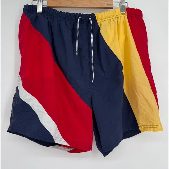 Merona Mens Swim Trunks Navy Red Yellow Vintage Mesh Lined Shorts Sz XL‎