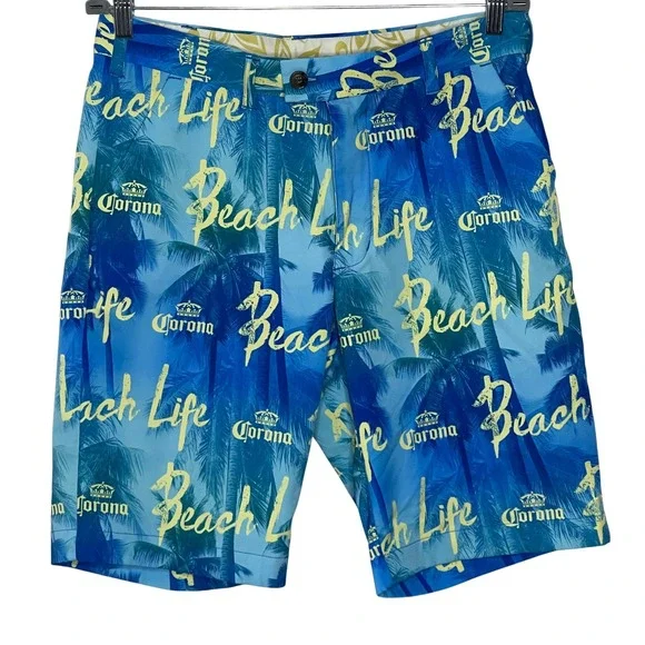 Corona‎ Mens Beach Life Palm Tree Logo Board Shorts Blue Yellow Size 32