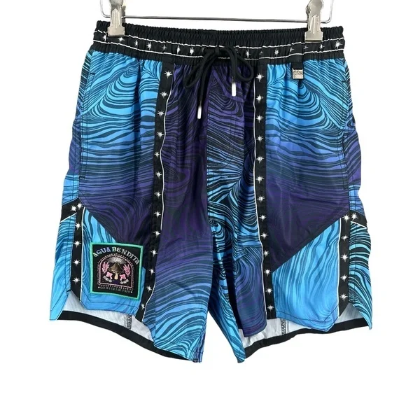 Agua Bendita Mens Swim Trunks Blue Purple Wave Print Star Tape Isaac Eter 38 New