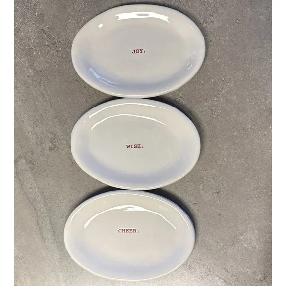 Rae Dunn Magenta Holiday Plates Joy Wish Cheer Oval Artisan Collection White Red