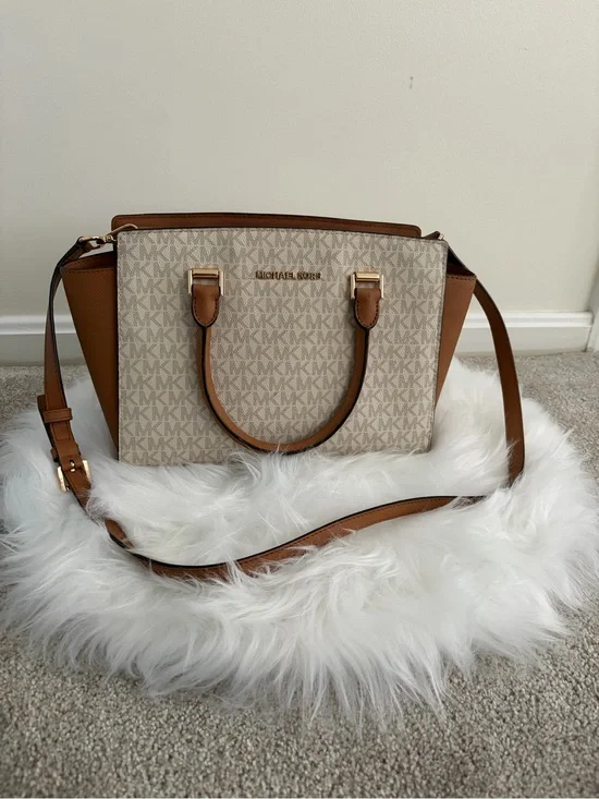 Michael Kors Beige Logo Satchel with Brown Trim