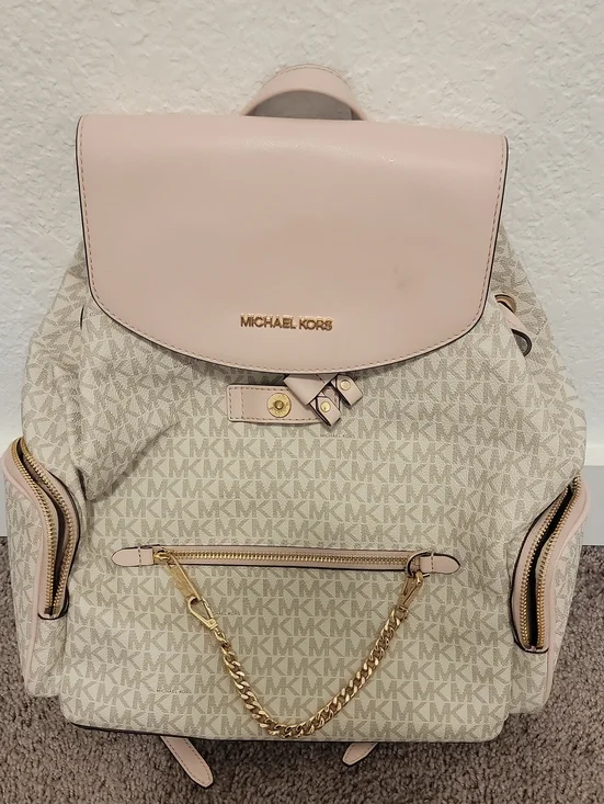 Michael Kors Cream MK Logo Backpack with Soft Pink Trim