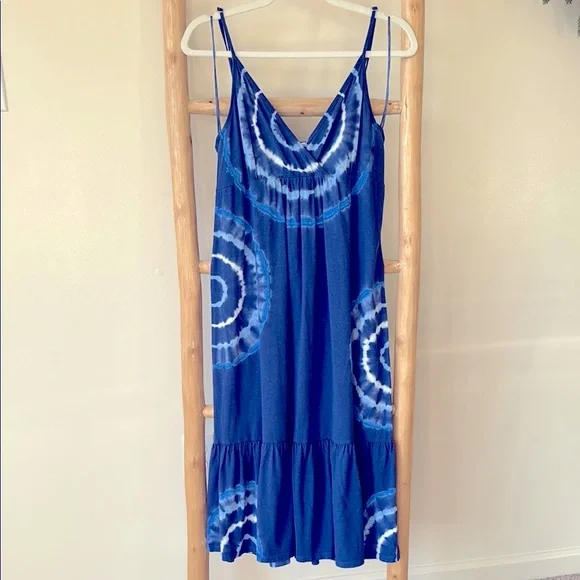 Michael Kors Blue Tie-Dye Midi Dress Sleeveless Sundress Tiered