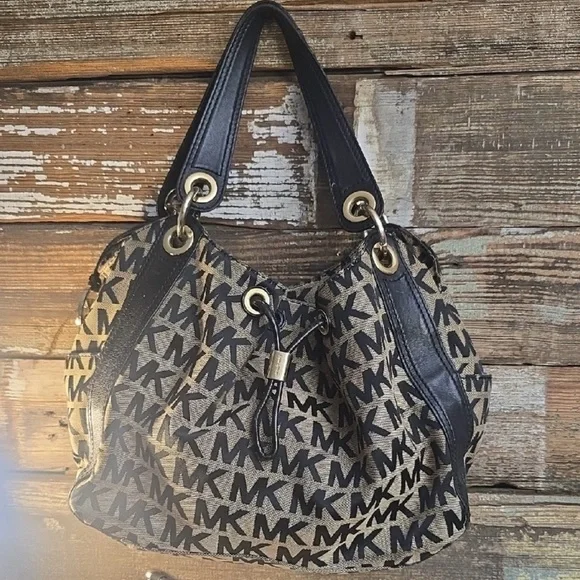 Large Michael Kors Black and Tan/Taupe Shoulder Bag
