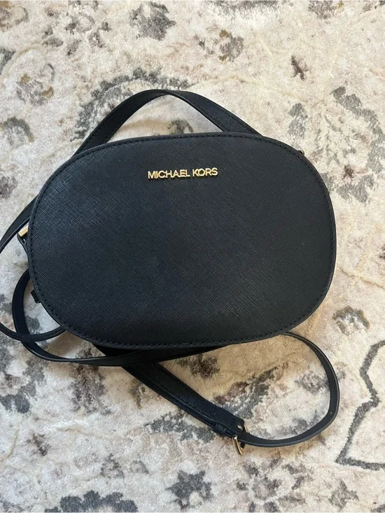 Michael Kors Black Oval Saffiano Crossbody with Gold Logo