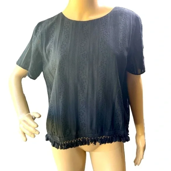 Michael Kors Black Lace‎ Cotton Fringe Hem Short Sleeve Blouse Size Large