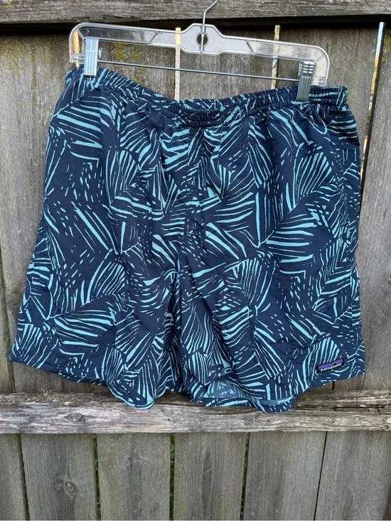 Patagonia Navy and Teal Leaf-Print Swim Shorts