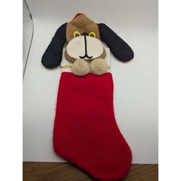Vintage Brown Dog‎ Puppy Classic Red Christmas Stocking Felt 17