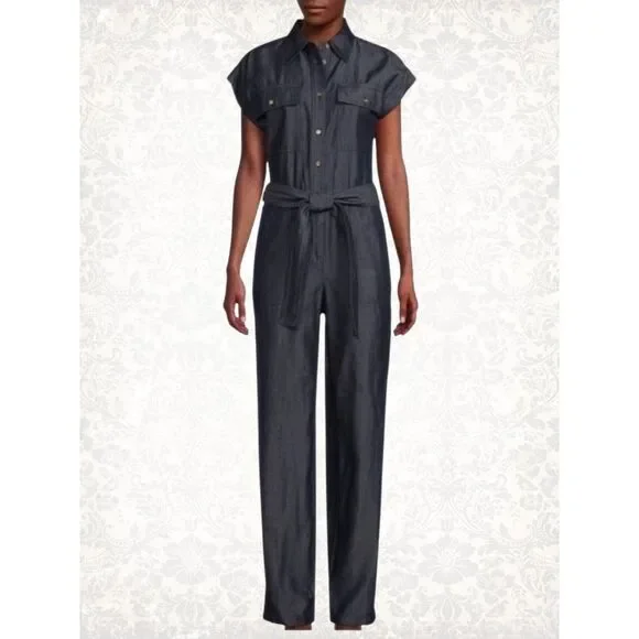NWT Michael Kors Dark Denim Button-Up Jumpsuit Pockets Women's Size M
