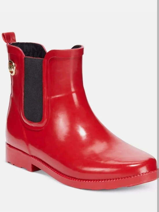 Michael KORS CHARM RED BLACK GOLD MK LOGO SHORT RAIN BOOTS Size US 6.5