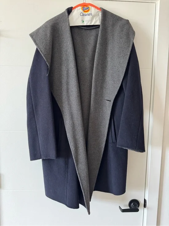 Michael Kors Two-Tone Hooded Open-Front Trench Coat in Navy and Gray