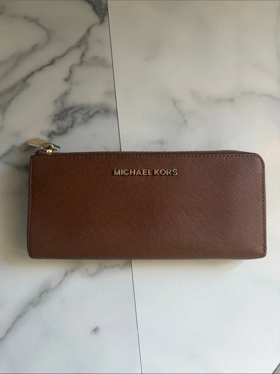 Michael Kors Brown Saffiano Zip Around Wallet with Gold Logo