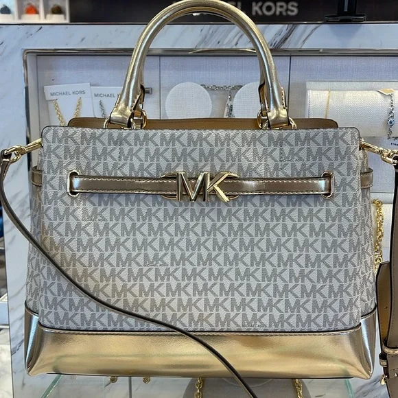 MICHAEL KORS  Reed Large Central Zip Graphic Logo Belted Satchel Pale Gold  NWT