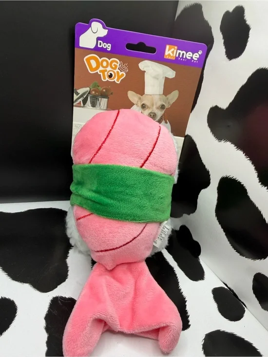 Kimee Pink Squeaky Plush Sushi Dog Toy with Green Band to Mimi’s seaweed