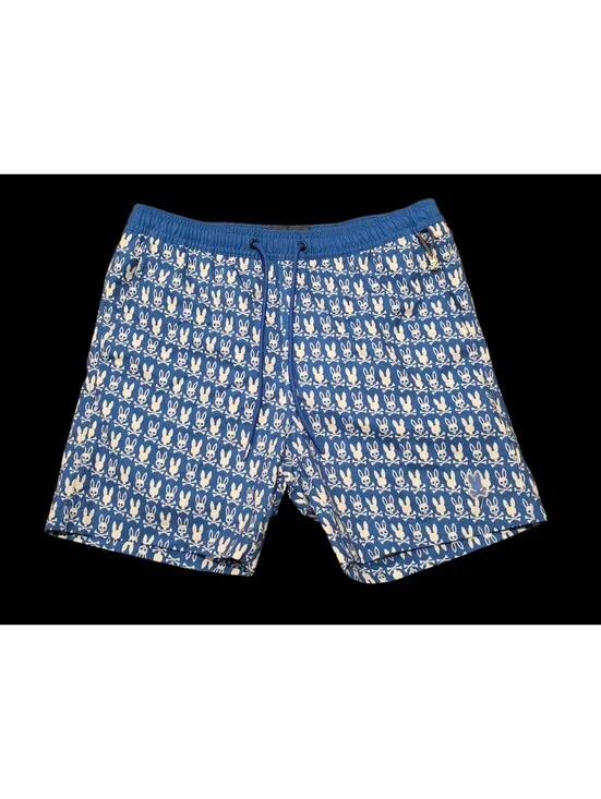 Psycho Bunny Swim Trunks Mens Small Blue All Over Print Swimming Cut Liner