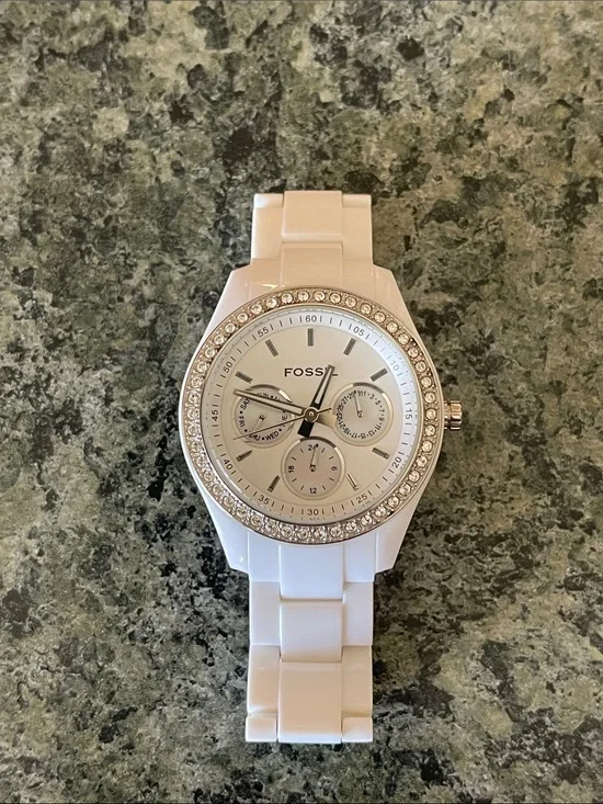 Fossil White Resin Crystal-Bezel Women’s Watch