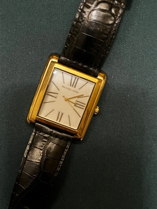 Michael Kors Gold-Tone Rectangular Watch with Black Strap