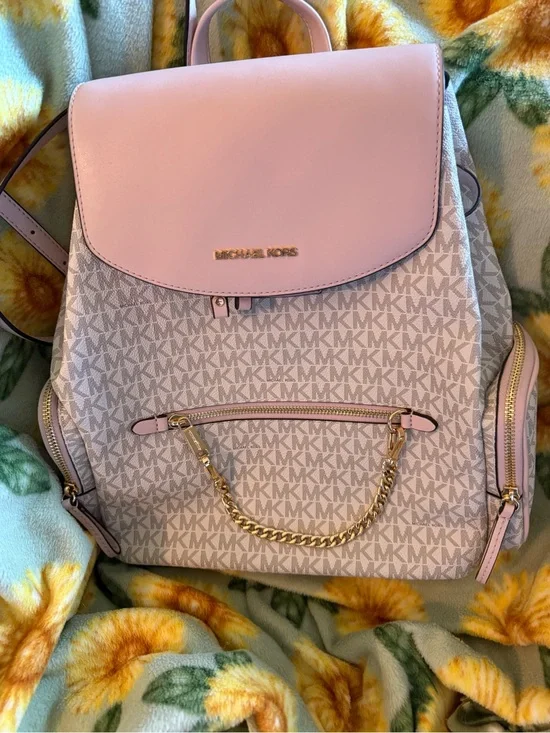 Michael Kors Light Pink MK Logo Backpack with Gold Chain Detail