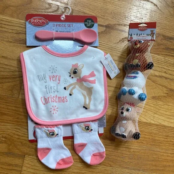 Rudolph Pink Trim 'My Very First Christmas' Baby Bib & Sock Set