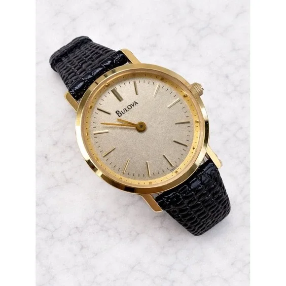 Bulova Gold-Tone Black Leather Analog Ladies Watch NOT TESTED