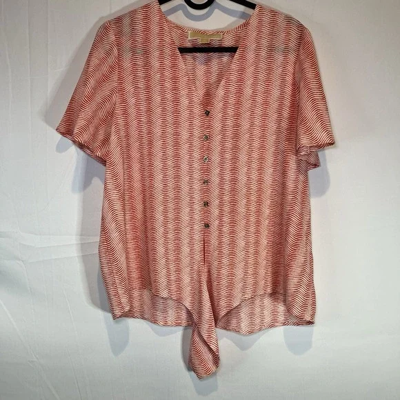 MICHAEL Michael Kors Button Front Tie Blouse Orange Printed,‎ Size Small
