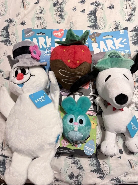 BARK Dog Toys Bundle - Snowman, Strawberry, Super Chewer & Snoopy Peanuts NEW