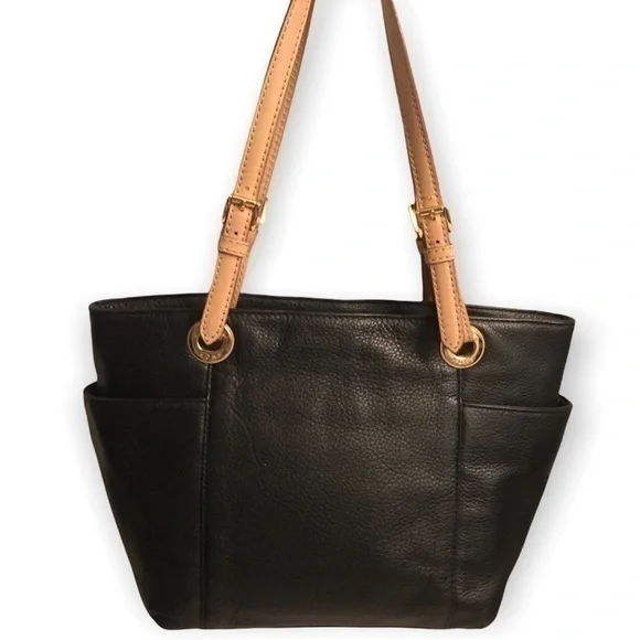Michael kors black leather zippered tote bag