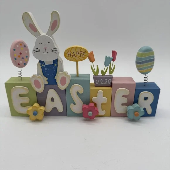 WOODEN PAINTED EASTER BUNNY And  Eggs FAMILY DECOR 9 1/4
