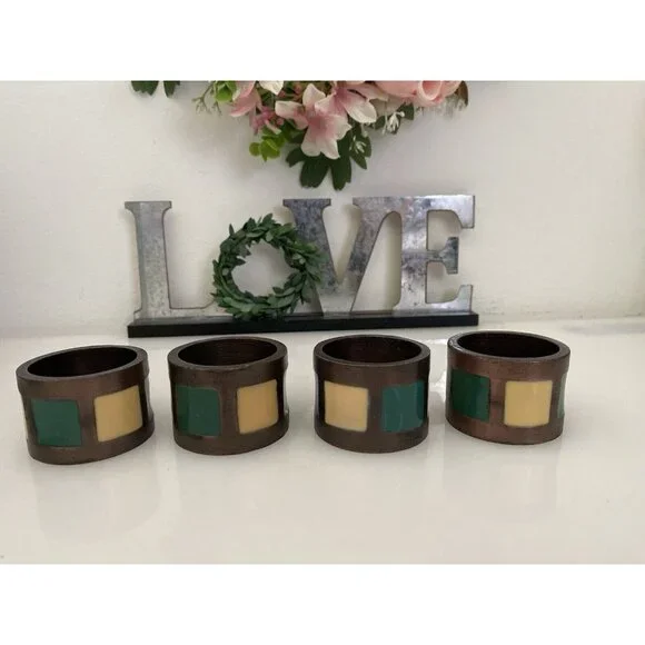 Vintage 1980s Pier 1 Napkin Rings Bronze Green Yellow Inlay Set of 4 Retro‎ EUC