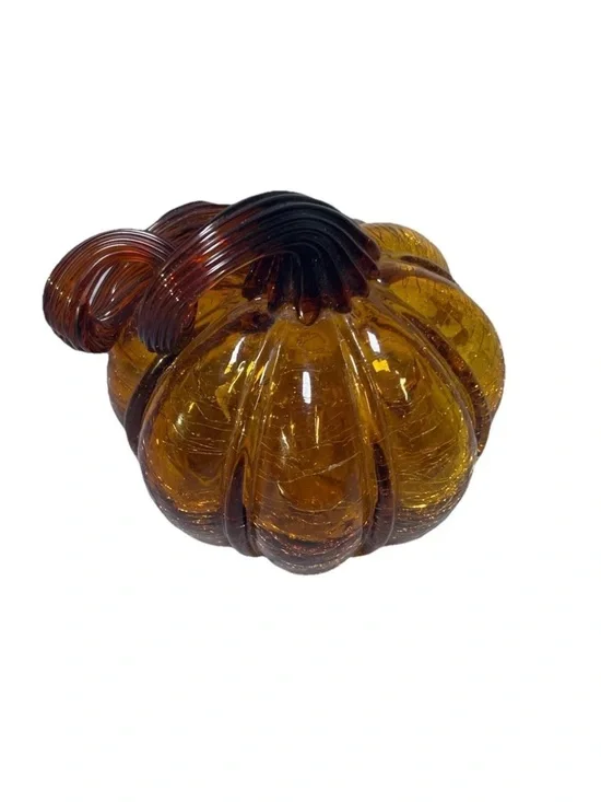 Glass Amber Pumpkin Hand Blown Crackle Finish Thanksgiving Curly Steam Pier One