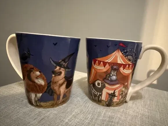 🎃🐶 Pier 1 Halloween Dog Mugs Set of 2 Ironstone 4.5” Double-Sided Design