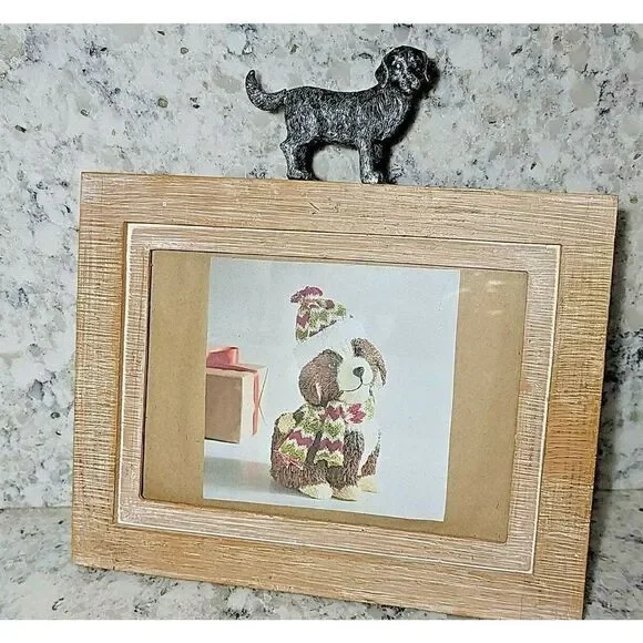 Pier 1 Pewter Dog and Distressed Wood Photo Picture Frame Fits 4x7 & 5x8 Photos‎